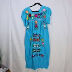 Vintage Mexican Embroidered Dress Turquoise Floral Folk Boho Midi